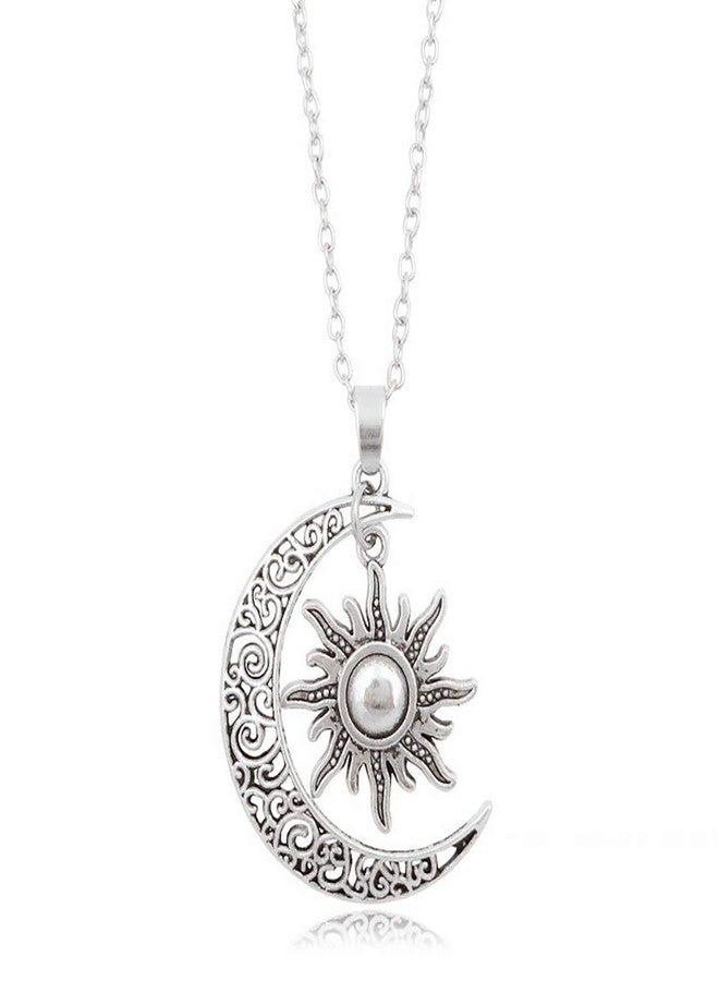 QIAN0813 Vintage Bronze Crescent Moon and Sun Pendant Necklace Retro Swirl Filigree Unisex Jewelry Gifts (Silver) - Image 1